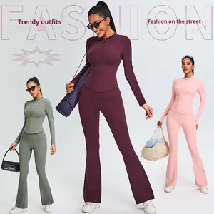 Nuevo conjunto de pantalones de Yoga acampanados de cintura alta con media cremallera para mujer, mallas ajustadas con corte de bota, ropa atlética con Control de barriga, 2 piezas - Product Image 2