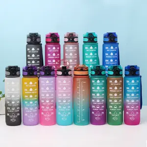 Hot Selling Plastic Custom LOGO Auslaufs icher 1000ml 32 oz Gym Fitness Sport BPA Kostenlose motivierende Wasser flasche mit Zeit markierung