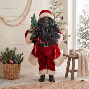Curly <b>Black</b> Beard Santa Claus Figure African American Doll with <b>Mini</b> Tree for Porch Xmas Decor - Product Image 1