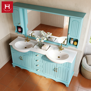 Mueble de Baño Mediterráneo Happy Houses con Doble Lavabo, Base Festoneada de Madera Sólida y Gabinete con Revestimiento de Listones para Casa de <span class=keywords><strong>Playa</strong></span>, Hotel o Villa - Product Image 2