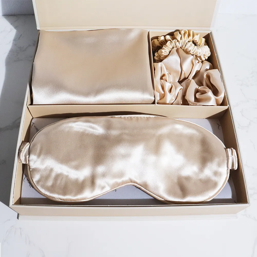 Funda de almohada de seda no tóxica, conjunto de regalo de 16-22mm, bordado personalizado, Scrunchie de morera 100%, máscara de ojo y funda de almohada de seda