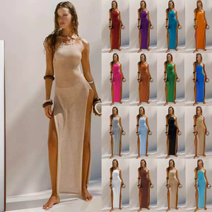 Vestido de Verano de Punto con Tirantes, Abertura Lateral, Sexy, Satinado, Cintura Natural, Espalda Descubierta, Color Sólido, para Mujer, Vestido de Playa - Product Image 1