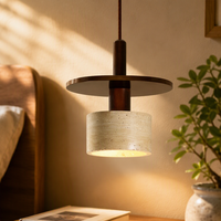 Lustre rustique en pierre jaune et bois, style japonais, avec éclairage LED chaud/blanc pour salles à manger