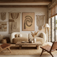 Déco murale jute abstraite géométrique wabi‑sabi haute qualité, art fibre pompons tissé main direct usine sans cadre