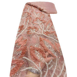 Tessuto in <span class=keywords><strong>Pizzo</strong></span> Ricamato 3D con Perline, Ecologico e di Lusso, Motivo Floreale in Rete Francese, 100% Poliestere, Modello 1N25112301 - Product Image 5