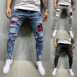 Newly Arrived Custom High Waist Skinny Jeans Patch Ripped Hole Men Stacked Pants Men Stretch Trousers Jeans