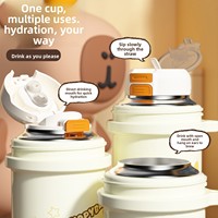 Gourde isotherme portable en acier inoxydable 316 pour enfants, motif capybara de dessin animé, avec paille double usage et isolation thermique de 6 à 12 heures, poignée intégrée