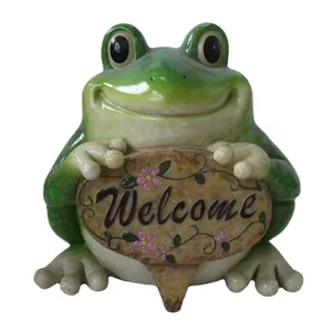 Resin Frog Holding Welcome Board with Glaze Finish; Animal Statue Resin Funny Cute Frog For Garden Decor