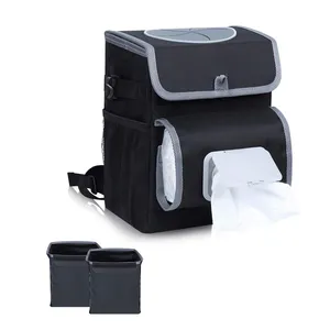 All-in-One Car Trash Can with 2 Removable Leakproof Interior Liners Adjustable Tissue Holder & Straps