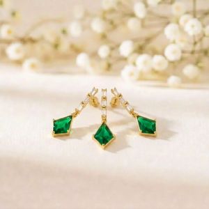 Natural Emerald Green Gemstone Kite Shape <b>Earrings</b> Minimalist CZ Drop <b>Earrings</b> in 925 Sterling Silver Dainty <b>Dangle</b> Jewelry Gift - Product Image 3