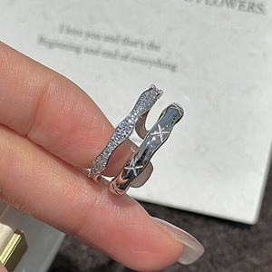 S925 Pure Silver Double-Layer <b>Ring</b> with Niche Design Simple Fashionable French Vintage Geometric <b>Opening</b> Inlay Hip-Hop Style - Product Image 1