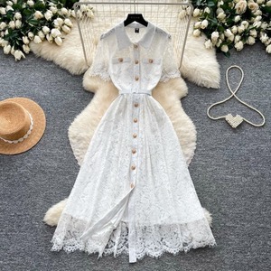 Robe élégante chic en dentelle française à manches courtes, cintrée à la taille, coupe trapèze pour femme - Product Image 4