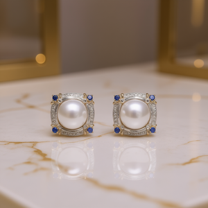 มิคิโมโตะต่างหูมุก 18K ทอง มุกน้ำทะเล ทรงกลม เพชรบริลเลียนท์ บลูแซฟไฟร์ งานแต่งงาน เครื่องประดับสตรีคลาสสิก - Product Image 2