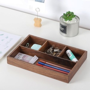 Organisateur de bureau en bois, boîte de rangement rectangulaire à 4 compartiments pour papeterie de bureau, plateau à clés, bois de noyer massif - Product Image 1