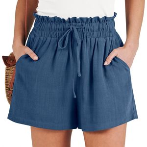 FOXA Pantalones cortos de lino para mujer, de verano, de cintura alta, con cordón, holgados, de pierna ancha, informales, para vacaciones en la playa, con bolsillos - Product Image 1