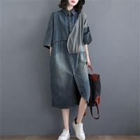 Casual trois quarts manches courtes boutons Patchwork robes Midi col rabattu coton Denim robe femmes 2023 vente en gros