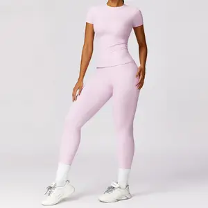Nylon Women Seamless Washed Yoga Set Long Sleeve Top High Waist Peach Hip Lift Leggings Solid Washing Sports Suit