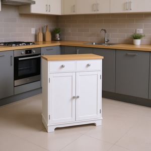 Armoire de rangement de cuisine blanche, style farmhouse, autoportante, avec dessus en bois et deux portes - Product Image 2