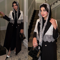Nouvel ensemble Abaya islamique pour femmes, automne, maxi, décontracté, noir et blanc, avec dentelle, style blazer, hijab, col cœur, manches longues