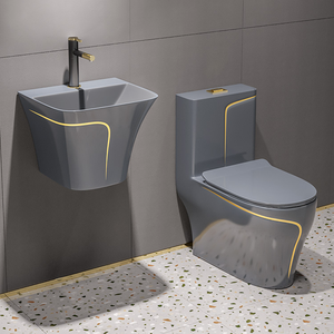 WC monobloc de luxe en céramique avec ligne dorée, noir, à double chasse, design moderne, pour salle de bain, toilettes colorées avec lavabo - Product Image 5