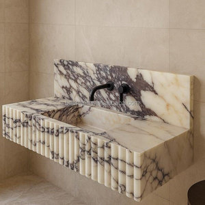 Lavabo da <span class=keywords><strong>Bagno</strong></span> Moderno in Marmo Calacatta Viola Scanalato con Alzatina Integrata per Interni di Lusso - Product Image 1