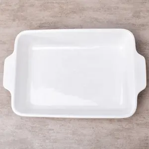 Oven safe cheap durable white ceramic non stick bread cake baking tray with handles