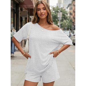Conjunto de Shorts de Verano de 2 Piezas para Mujer, Hombros Descubiertos, Asimétrico, Transpirable, de Algodón y Elastano, para Vacaciones en la Playa - Product Image 2