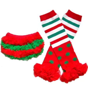 热销售!女婴圣诞雪纺荷叶边尿布罩与匹配的腿加热器集合