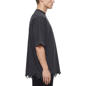TOPSHOW Heavyweight Acid Washed Distressed Raw Hem Crop 300 Gsm <b>Tshirt</b> Oversized Blank Boxy Fit Tee Men - Product Image 2