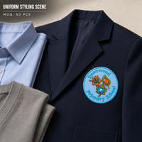 Écusson rond brodé personnalisé en sergé bleu clair avec lettrage cyan et motif de feuilles colorées