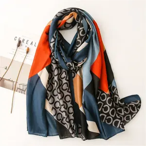New European and American fashion letters contrast color cotton linen feel scarf travel sunscreen scarf
