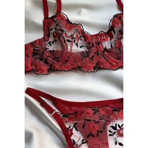 Conjunto de Lencería de Alta Calidad con Detalle de Flor Roja, Sujetador Acolchado sin Varillas con Soporte y Función Push-Up, Logotipo Bordado, Incluye Tanga - Product Image 1