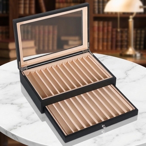 Estuche de Exhibición para Bolígrafos de Lujo en Negro Mate Lacado, Caja Organizadora de 2 Niveles con 24 Ranuras para Plumas Estilográficas, Cofre de Almacenamiento de Madera con Ventana de Vidrio - Product Image 3