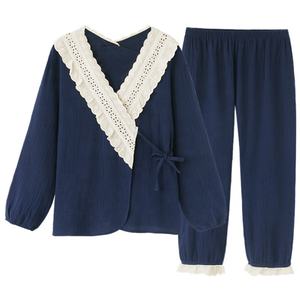 Vente chaude Ensembles de pyjama confortables pour femmes Mode 100% coton à manches longues Style japonais Coupe ample Ensembles deux pièces Vêtements de nuit - Product Image 1