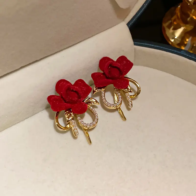 Rinhoo anting-anting mutiara wanita, anting-anting mutiara pita bunga warna merah anggur Tahun Baru untuk Natal