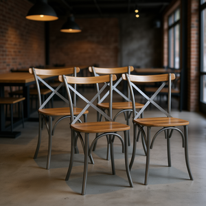 Industrial <b>Dining</b> <b>Chairs</b> Set Of 6 Wood And Metal Frame Brown <b>Silver</b> Color Scheme For Commercial Use - Product Image 2