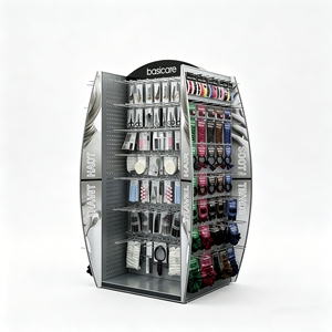 High-capacity 4-sided Makeup Brush <b>Display</b> Stand with <b>Hooks</b> Metal Floor Rack for Professional Beauty Salon Products Store - Product Image 1