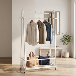 Meistverkaufter Metall-Kleiderständer mit Aufbewahrungskorb ODM/OEM A-Rahmen Kleiderstange Freistehender Garderobenständer mit Rollen - Product Image 3