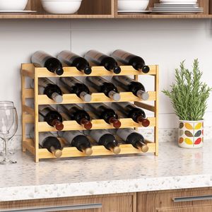 Estante para vinos de bambú y madera, estante de exhibición de vinos de varios niveles para escritorio, estante para vinos para sala de estar, soporte para botellas, personalizable. - Product Image 1