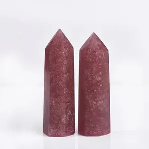 Vente en gros magnifique tour de cristal de fraise rouge Reiki naturel fin à quartz baguettes en pierre de cristal à point d'obélisque