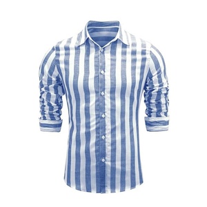 Chemise en lin pour homme, décontractée, à manches longues, boutonnée, rayée, chemise formelle - Product Image 1