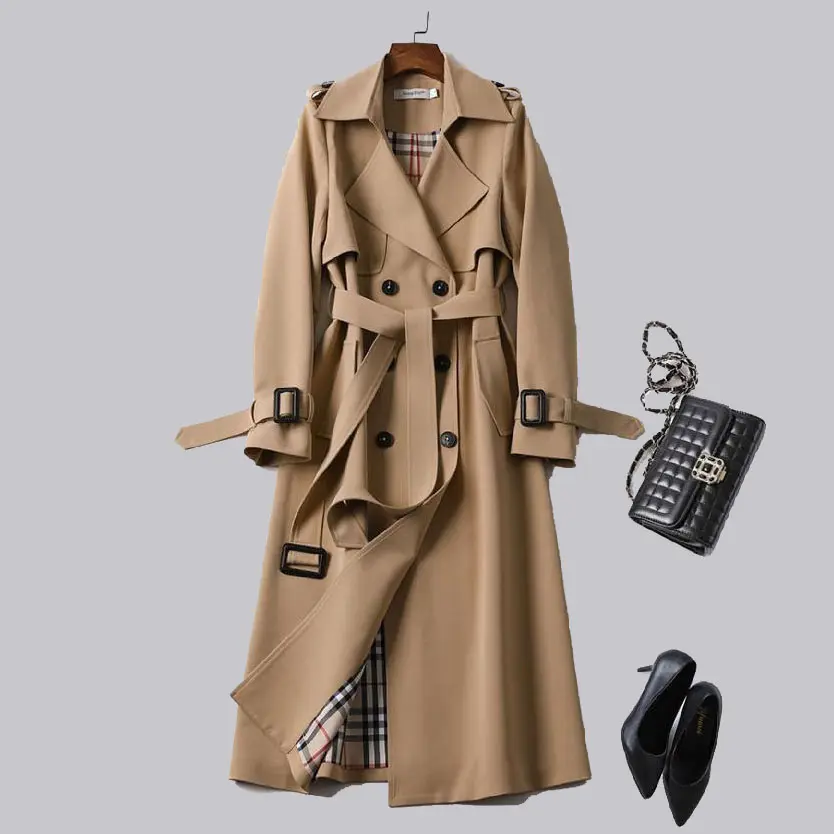 Hot Selling Products 2023 Elegant Manteau Women Midi Jacket Winter Woven Overcoat Long Belted Trench Coats