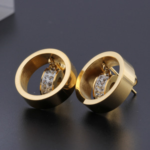 Crystal <b>Stud</b> <b>Earrings</b> Gold Steel Color 15MM Round Hollow Geometric Design Channel Setting Everyday Wear - Product Image 3