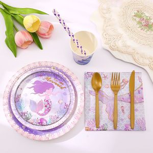 DAMAI - Vajilla Desechable de Sirena Morada para Fiestas, Platos, Servilletas, Vasos, Juego de Vajilla Desechable de Sirena para Decoración de Fiestas de Cumpleaños - Product Image 2