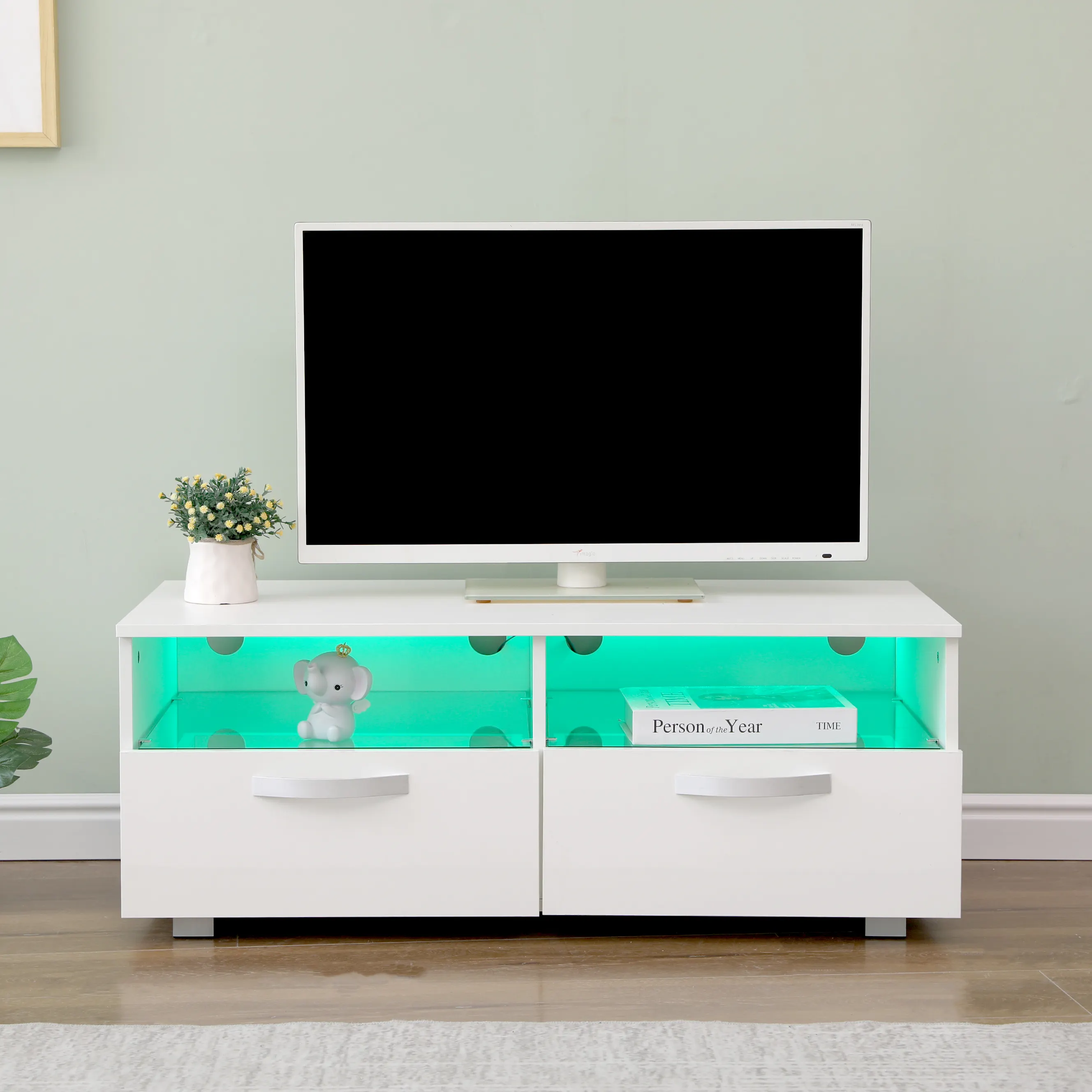 2 Drawer LED TV Unit Open Shelves TV Units for Living Room White