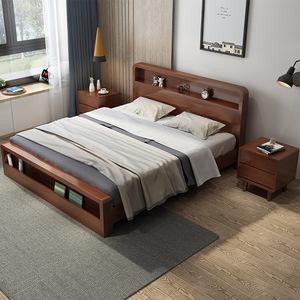 Lit en bois massif de style nordique moderne minimaliste, 1,8 m x 1,5 m, avec coffre de rangement, lit double, couleur bois naturel, meubles de chambre à coucher - Product Image 1