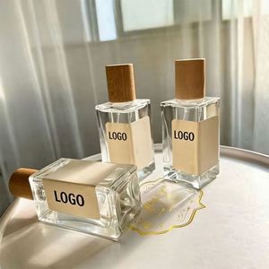 Customize Logo Print 30ml 50ml Portable Square Clear Glass Perfume <b>Dispensing</b> <b>Bottle</b> with <b>Pump</b> Sprayer & Walnut Wood Cap - Product Image 1