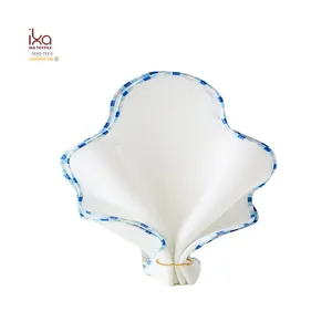Blue and White Floral Wavy Embroidered Round Dinner Linen Cloth Napkins for Wedding