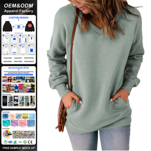 JL0922C Color sólido Top sudadera de mujer sudaderas con capucha con cuello en V bolsillo manga larga pulóver suelto polar sudadera vestido de mujer - Product Image 1