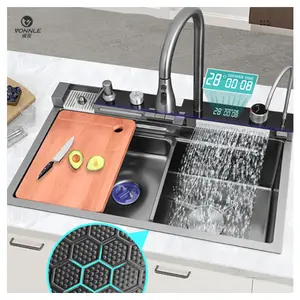 Nuevo fregadero de cocina con pantalla digital para el hogar, cascada, fregadero de cocina moderno, cocina de acero inoxidable